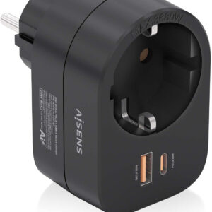 Tomada Schuko c/ Porta USB-C 20W PD3.0 / USB-A 20W QC3.0 (Preto) - AISENS