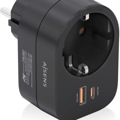 Tomada Schuko c/ Porta USB-C 20W PD3.0 / USB-A 20W QC3.0 (Preto) - AISENS