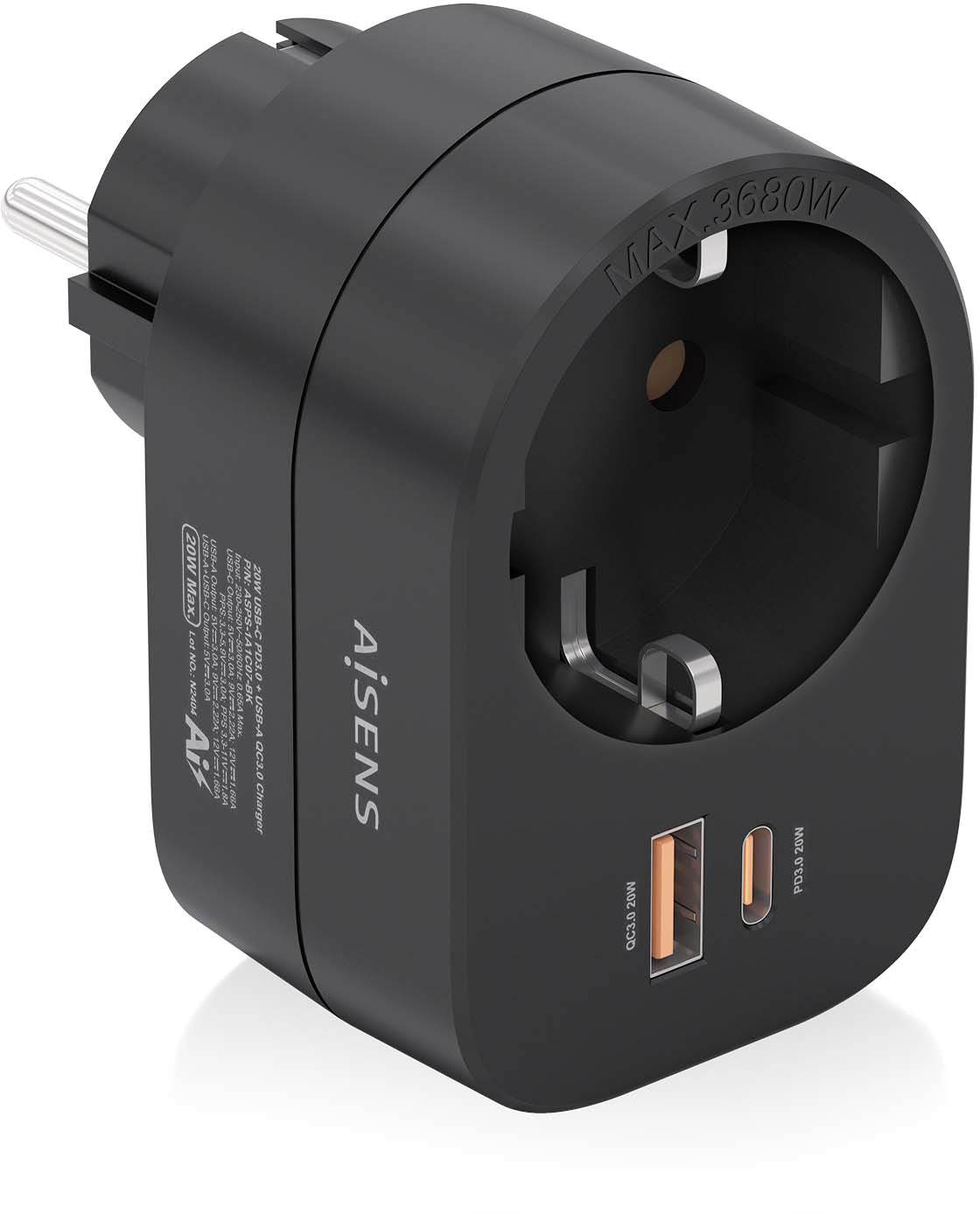 Tomada Schuko c/ Porta USB-C 20W PD3.0 / USB-A 20W QC3.0 (Preto) - AISENS