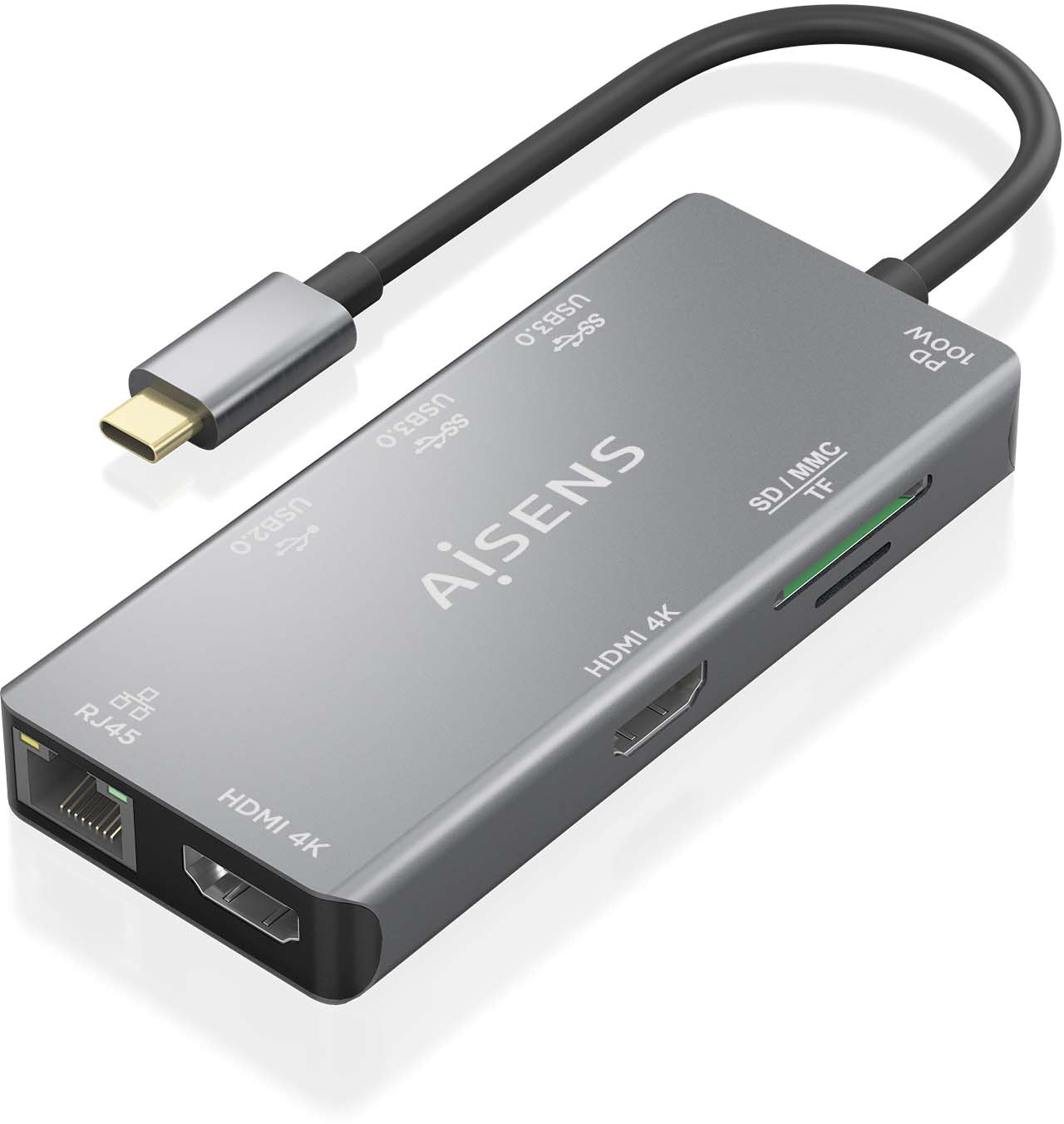 Hub USB-C (2xHDMI 1xRJ45 2xUSB-A USB3.0 1xUSB-A USB2.0 1xUSB-C PD 1xSD 1xMicro SD) - AISENS