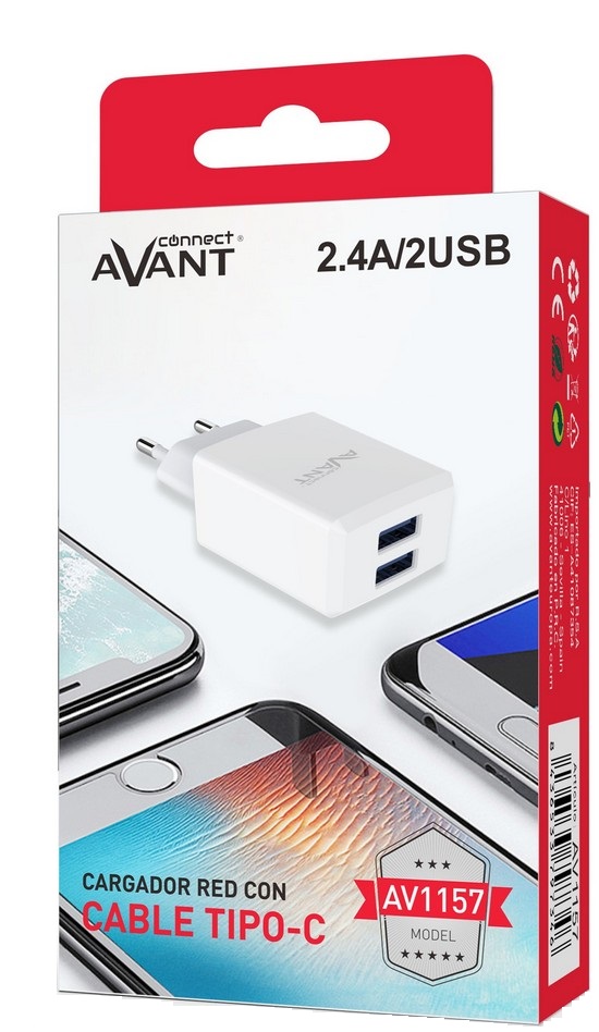 Carregador AV1157 USB 2 portas + Cabo Tipo C (Branco) - AVANTCONNECT