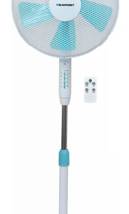 Ventoinha de Pé 5 Aspas Base Redonda 45W Branco c/ Comando + Temporizador (40cm) - BLAUPUNKT