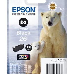Tinteiro EPSON Preto Photo Serie 26 XP-600/700/800 - C13T26114012