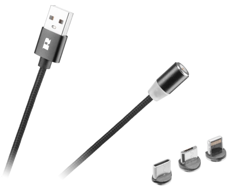 Cabo Magnético USB2.0 A Macho - 3-EM-1 Lightning Apple, USB-B e USB-C (1 metro) - REBEL