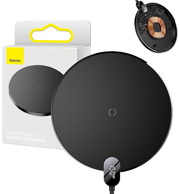 Base Carregador p/ Smartphone Wireless Digital LED 15W (Preto) - BASEUS