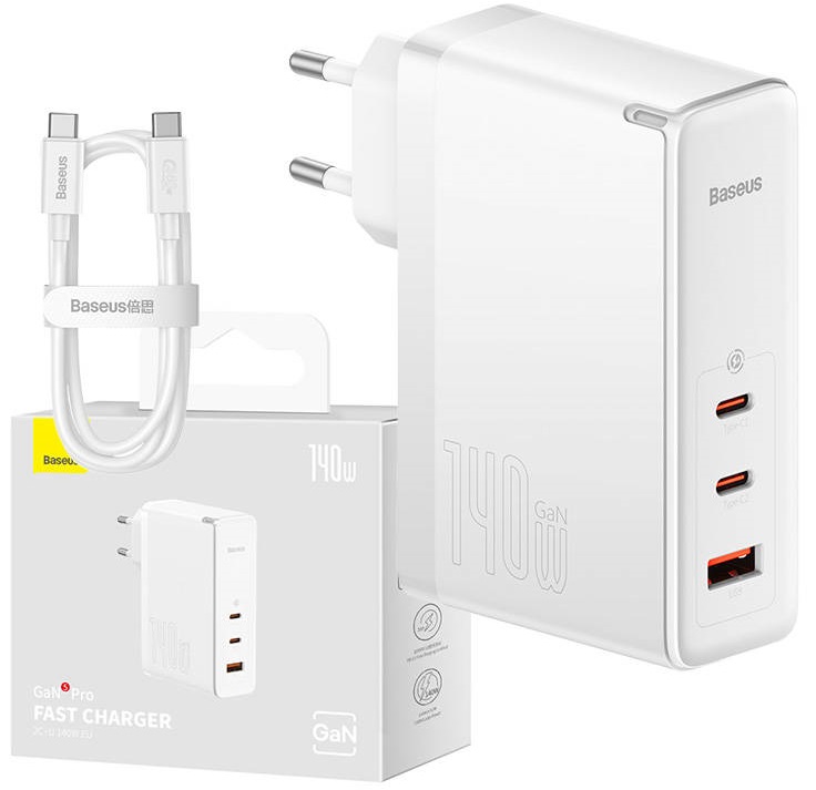 Carregador GaN5 Pro 2x USB-C + 1x USB 140W (Branco) - BASEUS