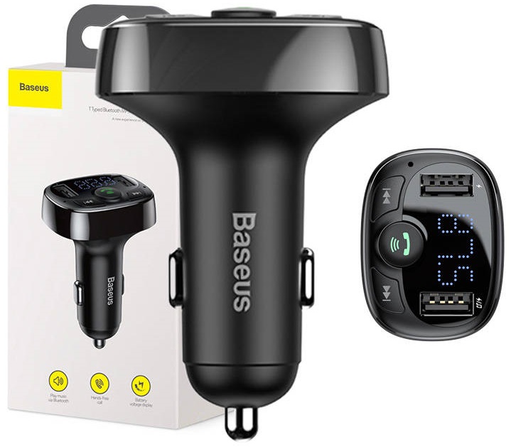 Transmissor FM 12-24V c/ Bluetooth+ 2x USB + MicroSD (Preto) - BASEUS