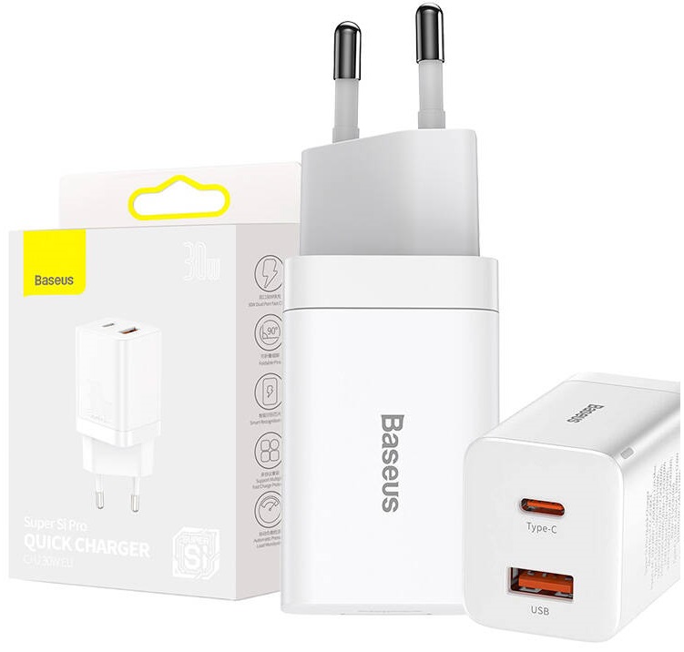 Carregador Super Si Pro Quick Charger USB + USB-C 30W (Branco) - BASEUS