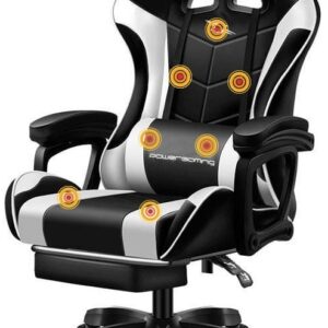 Cadeira Gaming 813 c/ Massagem 7 Pontos e Apoio p/ Pés (Preto/Branco)