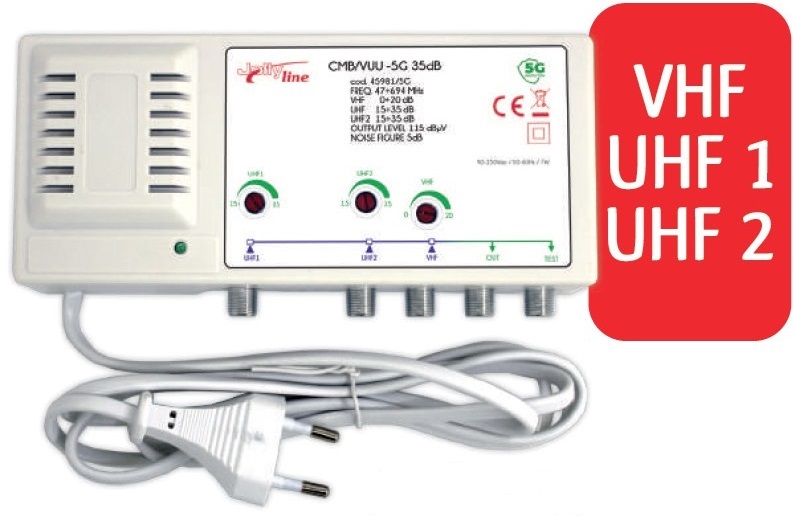 Central Amplificadora Banda Larga VHF/UHF1/UHF2 115dBµV 5G - Jolly Line
