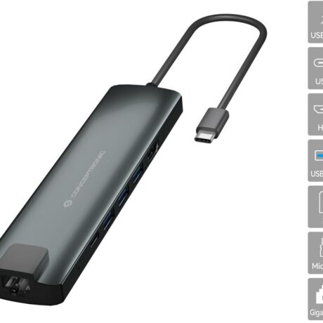 Placa de Rede Externa USB-C Macho com HUB HDMI / USB 3.0 / USB C / Cartões / RJ45 - CONCEPTRONIC