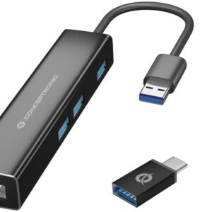 Placa de Rede Externa GIGABIT USB A Macho (Adaptador USB-C) com HUB 3x USB 3.0 - CONCEPTRONIC