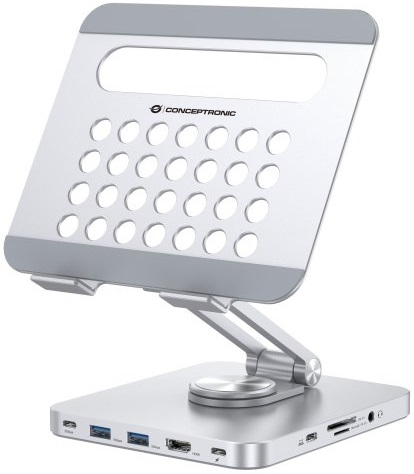 Docking Station USB-C 8-EM-1 c/ Suporte Dobrável p/ Tablet (Prateado) - CONCEPTRONIC