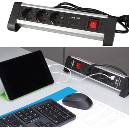 Extensão Tripla + 2x USB c/ Interruptor (1,4 mts) p/ Secretárias, Balcões, ... - PEREL