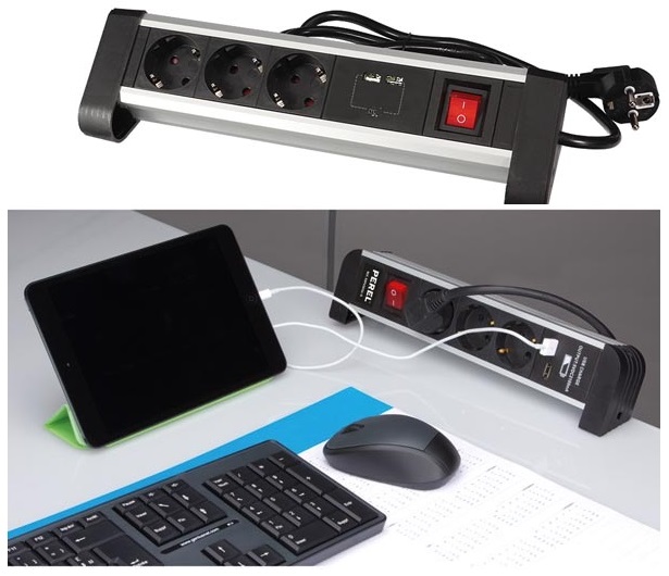 Extensão Tripla + 2x USB c/ Interruptor (1,4 mts) p/ Secretárias, Balcões, ... - PEREL