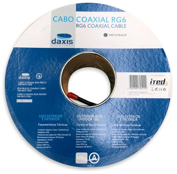 Bobine Cabo Coaxial RG6 Interior e Exterior ITED Preto (100 mts) - DAXIS