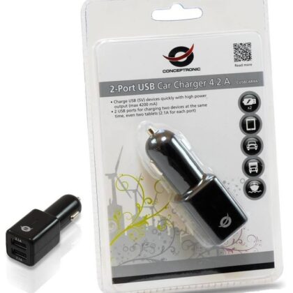 Carregador Universal Isqueiro 12/24V 2x USB 4,2A (Preto) - CONCEPTRONIC