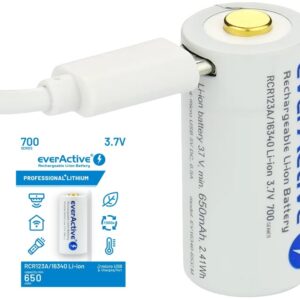 Pilha Lithium 16340 (CR123) 3,7V 650mAh Recarreg?vel p/ microUSB c/ LED de Estado - everActive