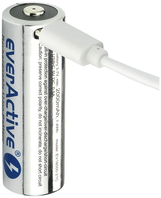 Pilha Lithium 18500 3.7V 2100mAh Recarregável p/ USB-C c/ LED de Estado - everActive