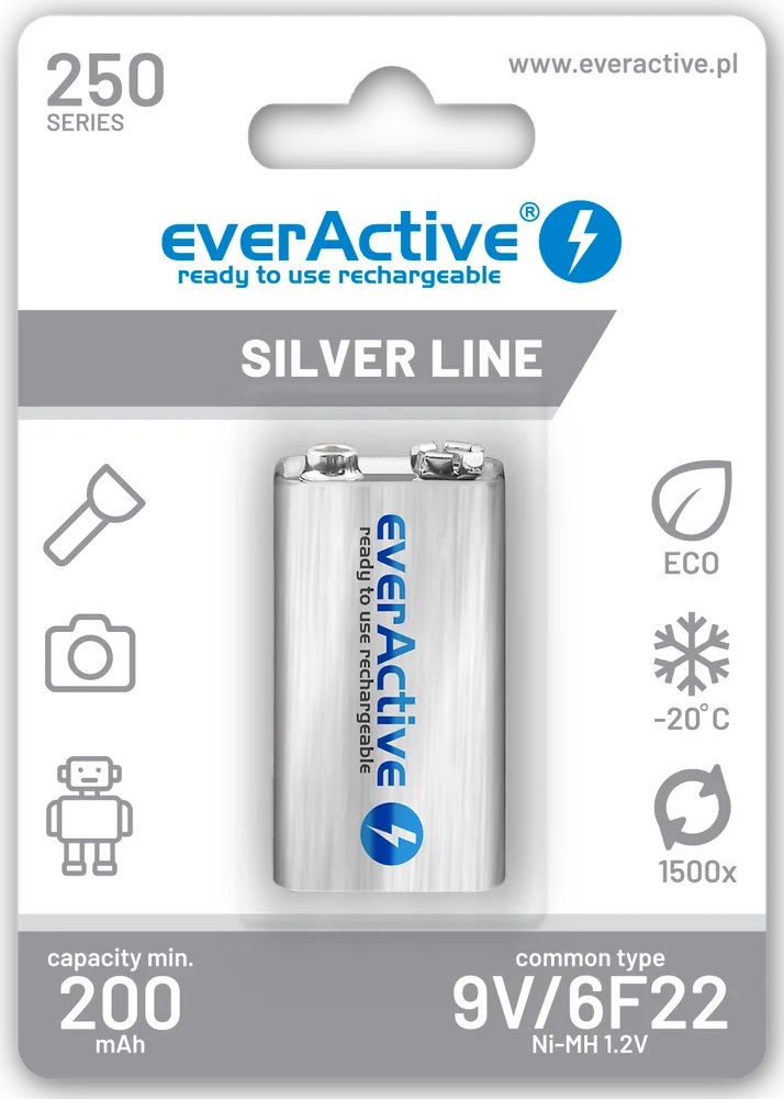 Pilha Recarregável Ni-Mh 9V 250mAh (min 200mAh) RTU - everActive