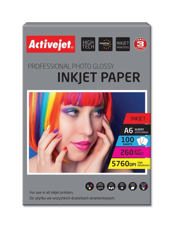 Papel Fotográfico AP6-260GR100 A6 Lustro 100 Folhas - ACTIVEJET