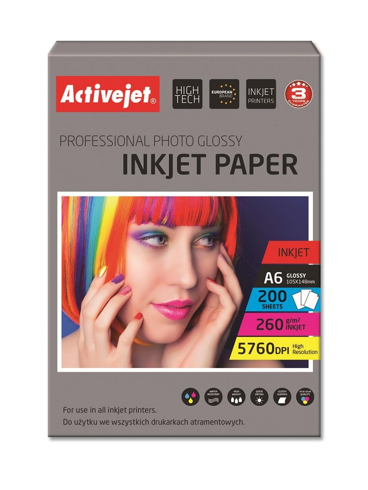 Papel Fotográfico AP6-260GR200 A6 Lustro 200 Folhas - ACTIVEJET