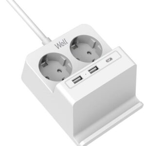 Extensão Protectora Dupla 36800W c/ 2x USB e 1x USB-C + Carreg. Indução c/ Suporte (2 mts) - WELL