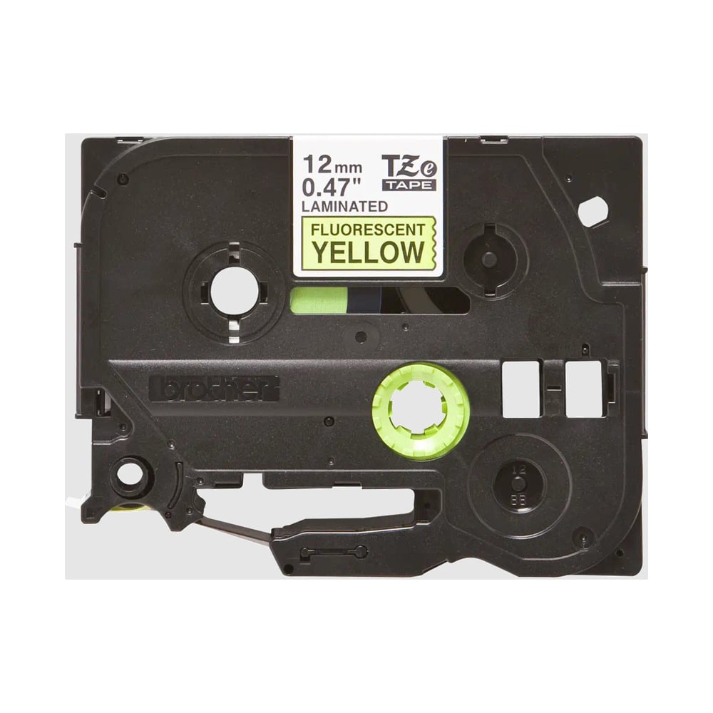 Fita BROTHER laminada c/ texto Preto e fundo Amarelo Fluorescente 12mm x 5m