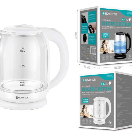 Chaleira Elétrica de Vidro HA-002 Branco - 1,8L, 1500W, Iluminação LED, Proteção Contra Fervura a Seco