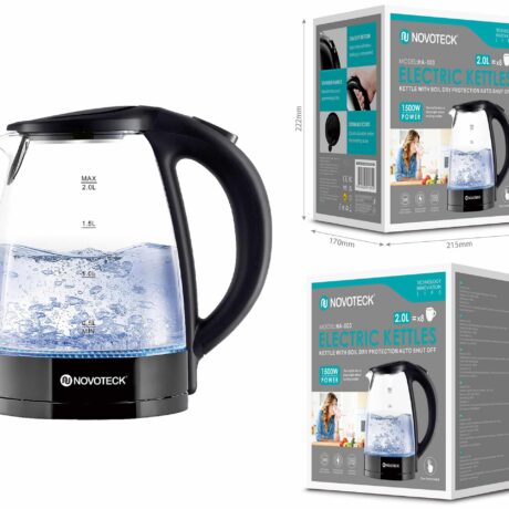 Chaleira Elétrica de Vidro Novoteck HA-003 – 2.0L, 1500W, Proteção contra Fervura a Seco