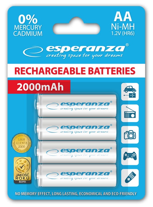 Blister 4 Pilhas Recarregaveis 1,2V 2000mAh Ni-Mh AA - ESPERANZA