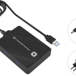 Adaptador Hub 4-EM-1 USB - (4x USB 3.0) c/ Adaptador de energia (Preto) - CONCEPTRONIC