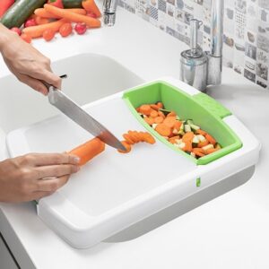 T?bua de Corte Extens?vel 3-EM-1 c/ Tabuleiro, Recipiente e Coador Practicut - INNOVAGOODS
