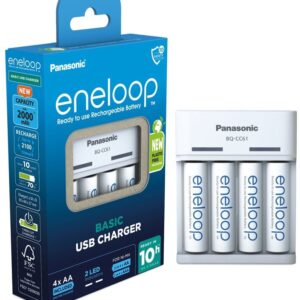 Carregador USB + 4 Pilhas Recarregáveis AA 2000mAh Eneloop - PANASONIC