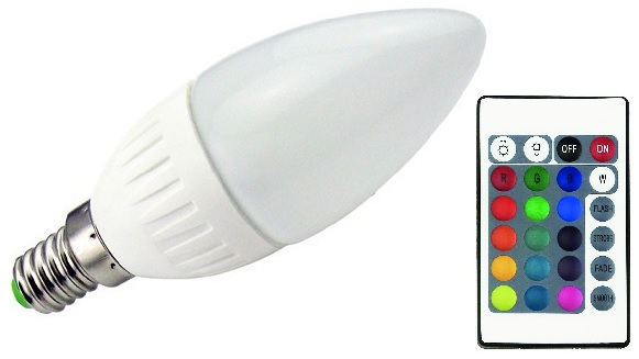 Lampada LED C37 220V E14 RGB + Branco 4000K 5,5W c/ Comando