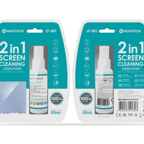 Kit de Limpeza para Telas LP-01 2 em 1 – Líquido 50ml com Pano de Microfibra, Elimina 99% dos Germes, Ideal para Dispositivos Eletrônicos