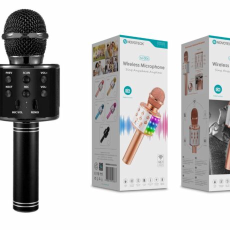 Microfone Bluetooth Sem Fios Negro M-004 com Alto-Falante Integrado e Luz LED – Karaokê Portátil