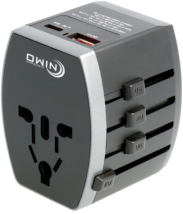 Ficha Adaptadora Universal de Viagem 1500W c/ Portas USB-C e USB-A - NIMO