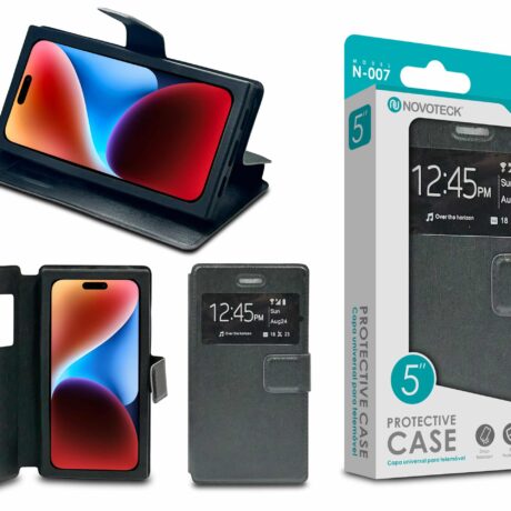Capa Protetora Universal Negro para Smartphone de 5'' N-007 - Visor Inteligente, Resistência a Impactos e Suporte Integrado