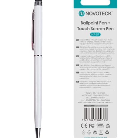 Caneta 2 em 1 Novoteck NP-07 – Esferográfica e Touch Screen, Compatível com Dispositivos Capacitivos, Disponível em Múltiplas Cores - Branco