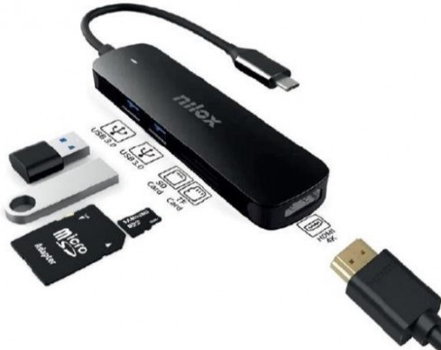 HUB USB-C 5-EM-1 (HDMI / 2x USB 3.0 / Leitor Cartões SD / Leitor Cartões TF) - NILOX