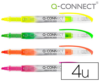 Marcador Fluorescente Ponta Biselada Tinta Liquida Bolsa De 4 Unidades Cores Sortidas - Q-CONNECT