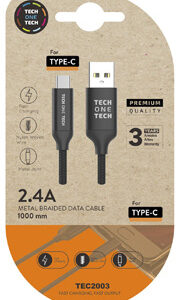 Cabo USB 2.4 Braided Nylon USB-C Macho - USB A Macho Preto (1 metro) - TECH ON TECH