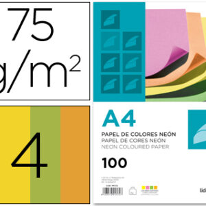Papel de Cor Din A4 75 Gr Embalagem de 100 Quatro Cores Neon Sortidas