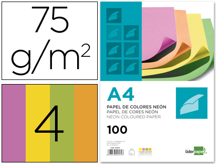 Papel de Cor Din A4 75 Gr Embalagem de 100 Quatro Cores Neon Sortidas