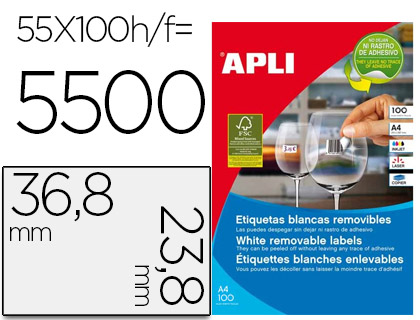 Etiquetas Adesivas Apli 36,8X23,8mm Fotocopiadora Laser Inkjet (100 Folhas) A4 c/5500 Etiquetas
