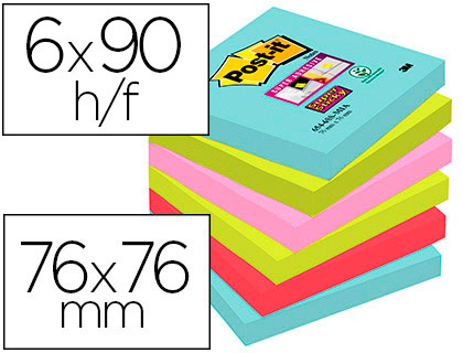 Bloco Notas Adesivas Post-It Super Sticky 76X76 mm c/ 90 Folhas (6 Unidades) Cores Miami