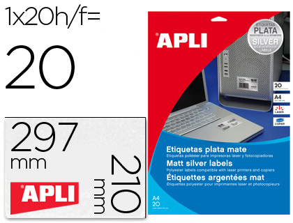 Etiquetas Adesivas Apli 10071 Metalizada Formato 210X297 mm p/Impressão 20 Folhas c/20