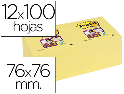 Bloco Notas Adesivas Post-It Super Sticky 76X76 mm c/ 12 Blocos Amarelo Canario
