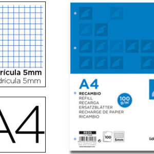 Recarga Din A4 100 Folhas 100 G/M2 Quadricula5 mm Sem Margem 4 Furos Bandas de 5 Cores
